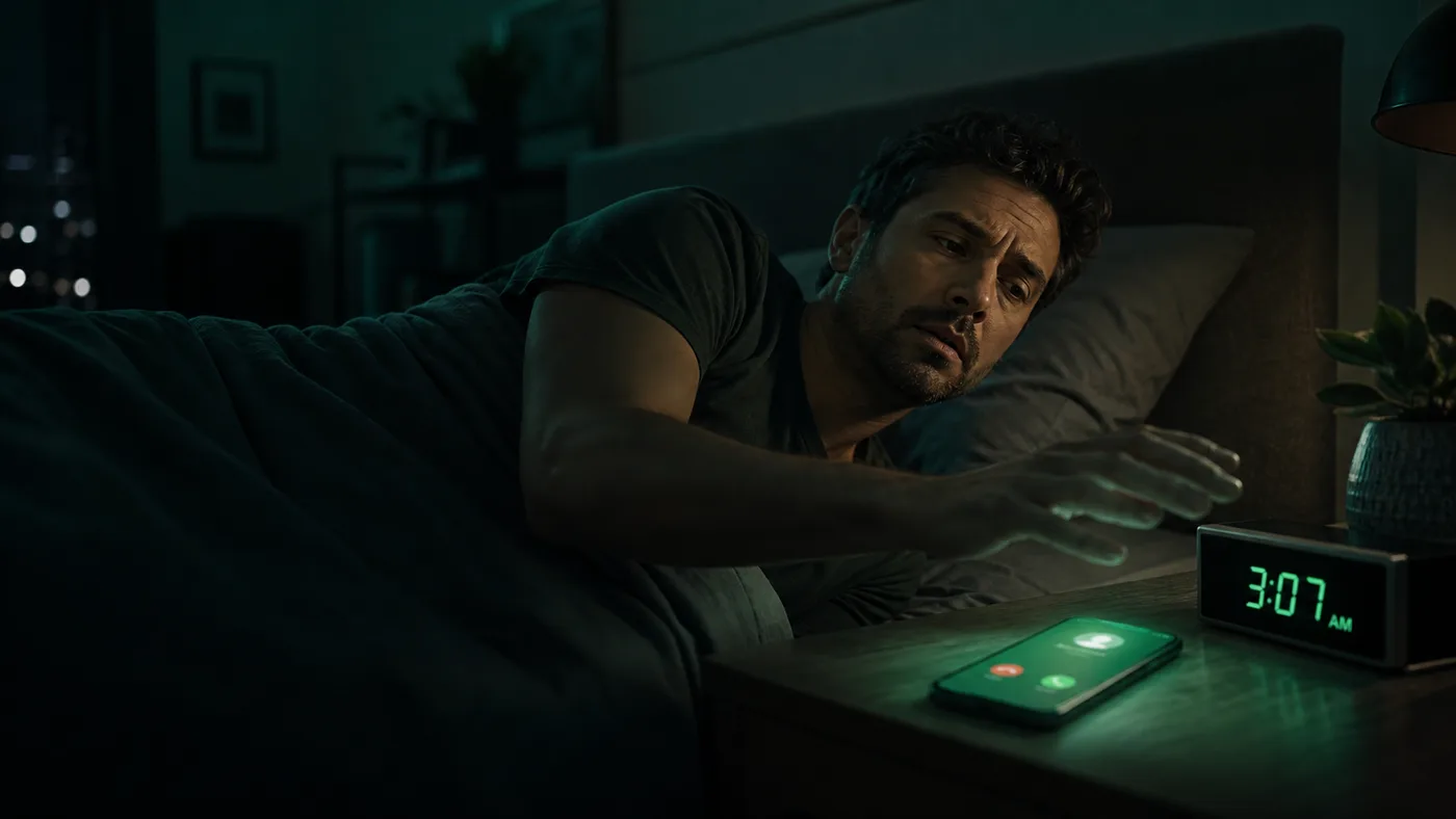 A business owner reaching for an incoming call beside the bed at 3:07 a.m.